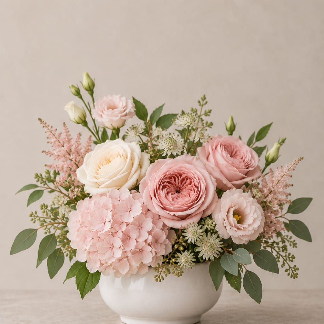 Pink and white floral arrangement in a white bowl vase
