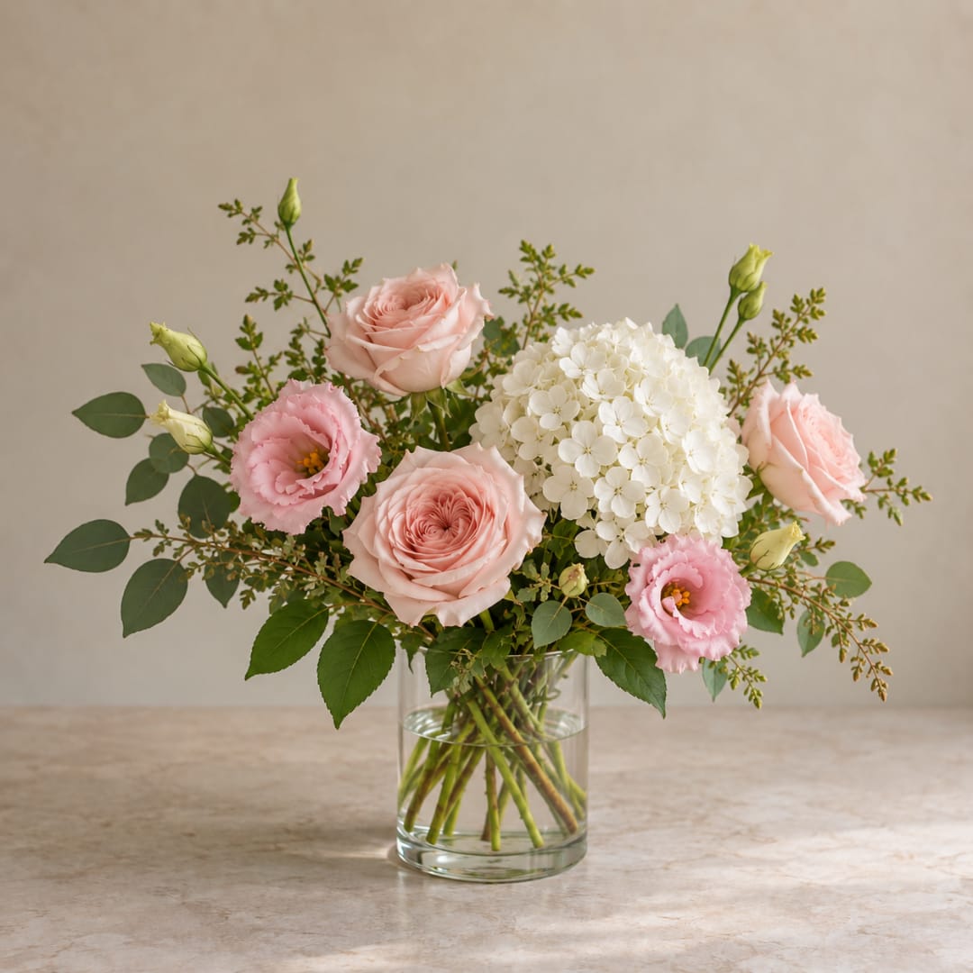 Pink roses and lisianthus with white hydrangea in a clear glass vase