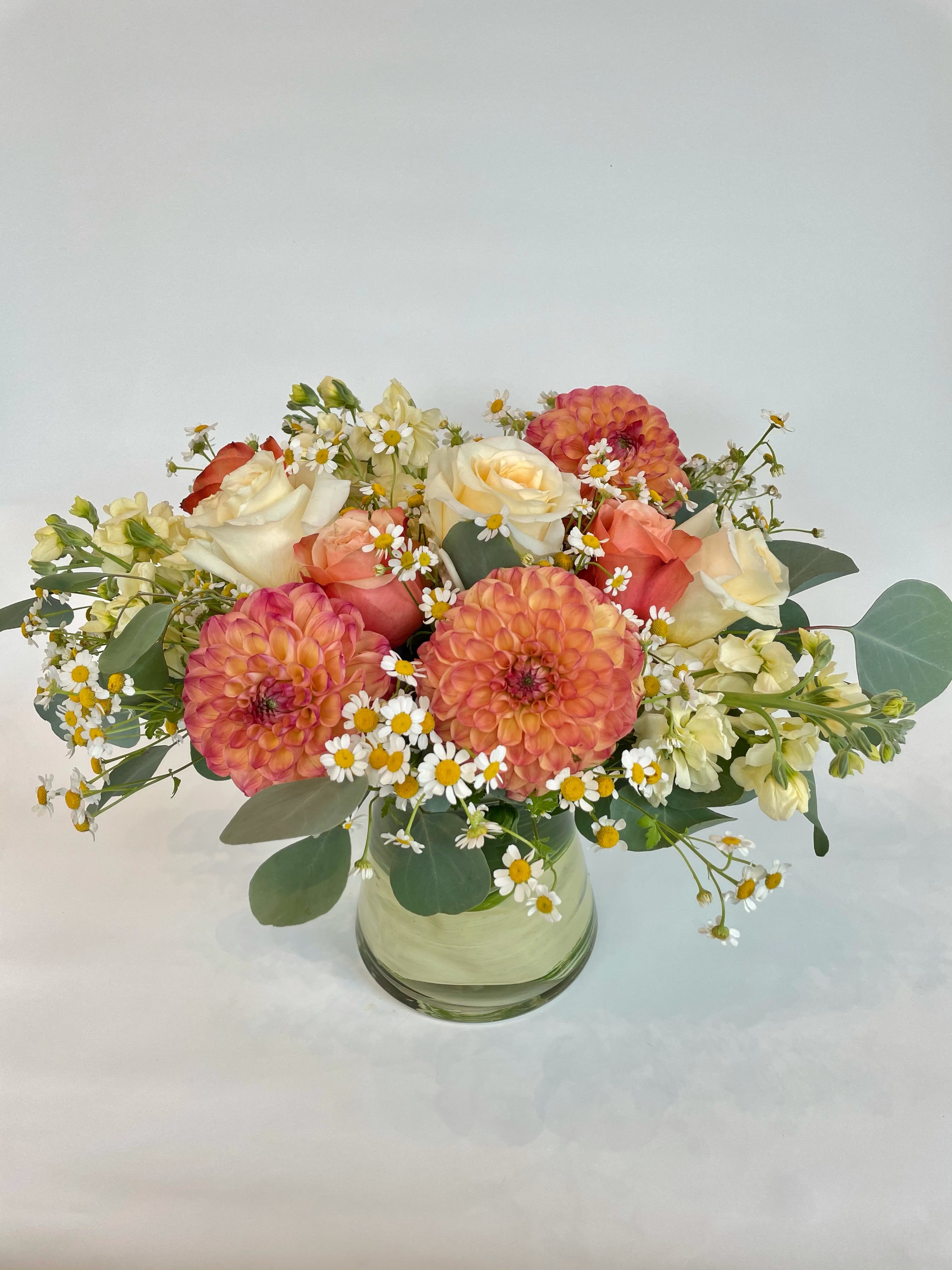The Classic Center Piece - Vase arrangement featuring dahlias &amp; roses.  approximately 15 inches in width, 10 inches in height
