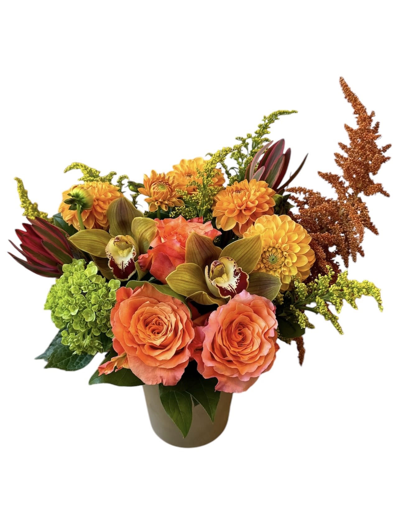 Autumn Leaves  - Orange roses, green hydrangea, orange dahlias, green orchid and fall fillers designed in a glass vase. As shown.