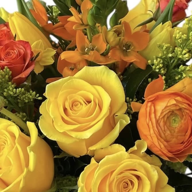 Bouquet of yellow, orange, and red roses with small orange flowers