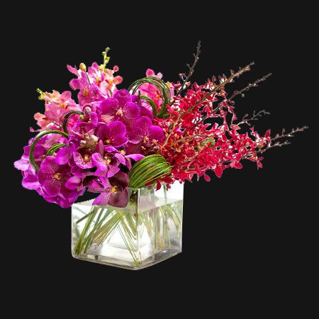 Purple and pink orchid arrangement in a clear square vase