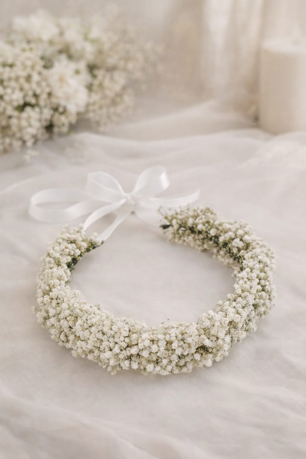 White flower crown with a satin ribbon tie