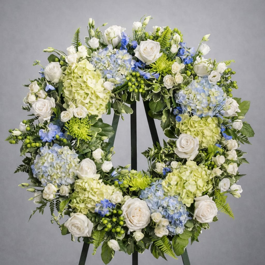 Large floral wreath with white roses, blue hydrangeas, and green blooms
