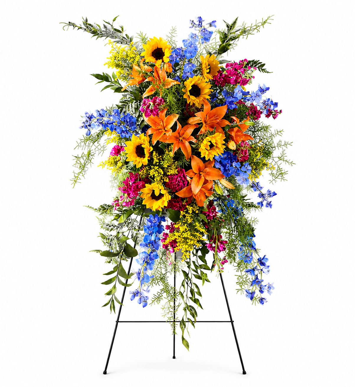 Full of Memories Standing Spray - This stunning white easel is the perfect way to pay tribute to a loved one. Perfectly adorned with bright cream white and green flowers, this piece is sure to add a touching touch of beauty and elegance to any memorial service or sympathy event. The easel stands tall and proud, creating a tasteful and beautiful way to remember a beloved family member.