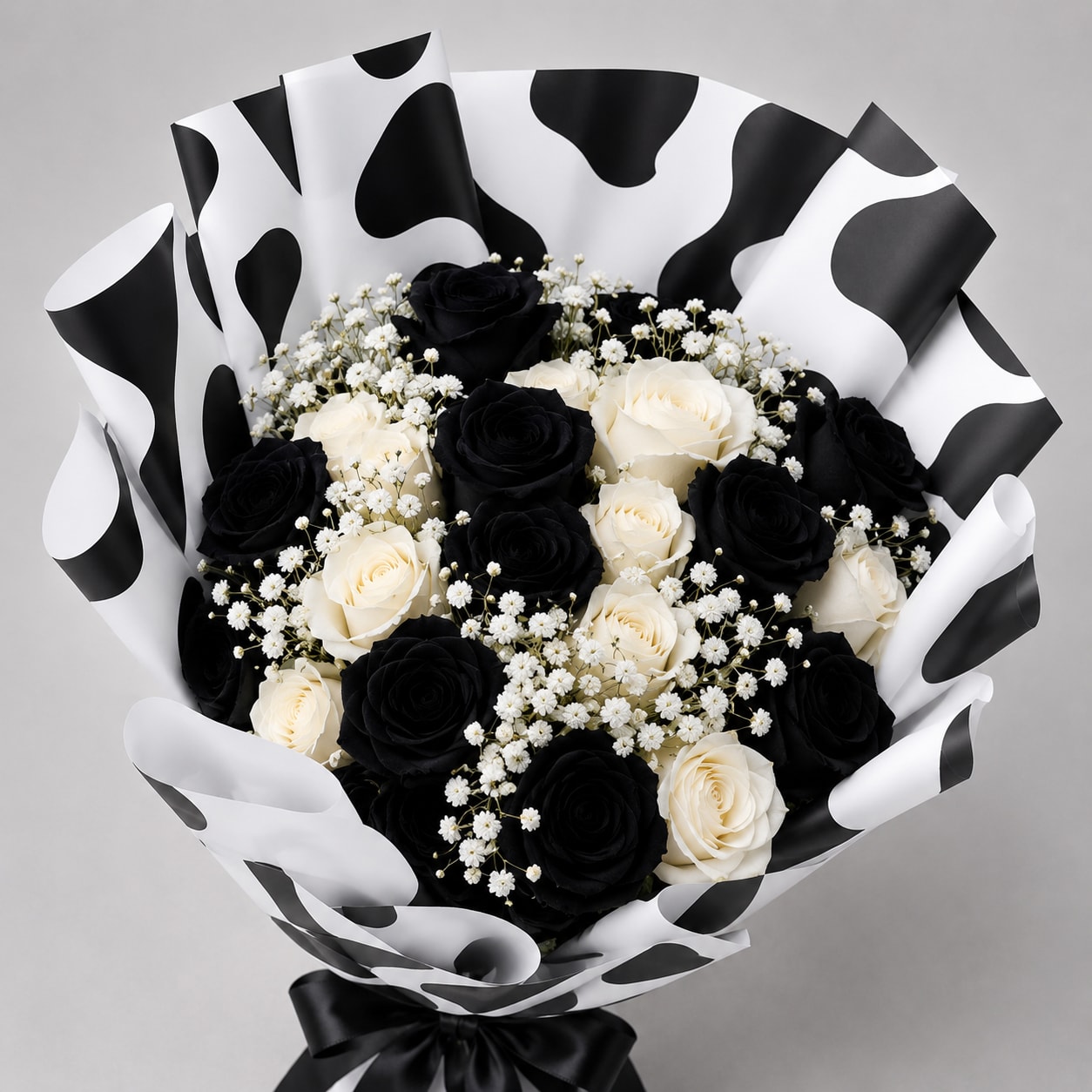 Bouquet of black and white roses with baby's breath in cow-print wrapping