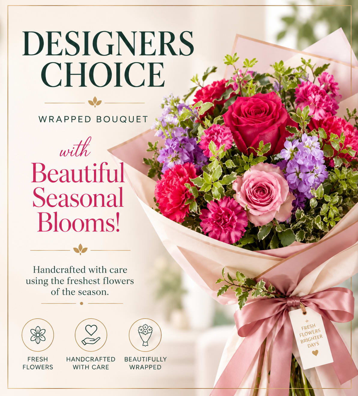 Wrapped bouquet of pink and purple flowers with roses and carnations