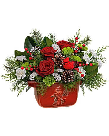 Red roses in a red holiday container with pinecones and berries