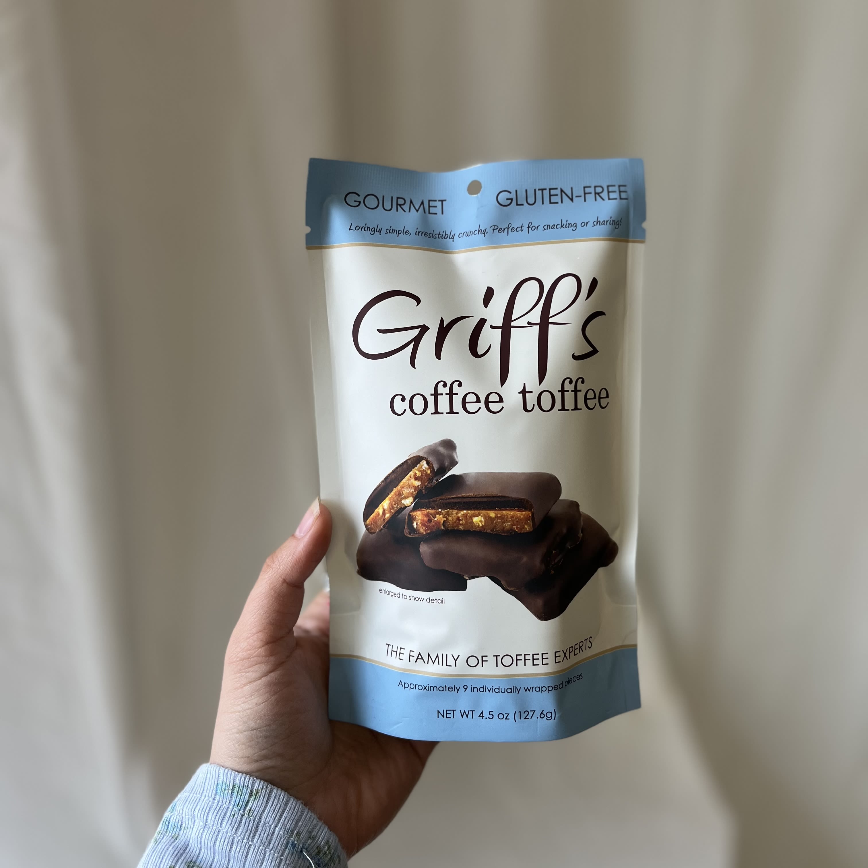 Griffs Coffe Toffee Bag (4.5 Ounces) - Grab this small bag of Griffs Coffee Toffee. It comes with approximately 9 wrapped toffee squares. A perfect addition to a flower arrangement or plant delivery-- Goes well in gift baskets too! READ: This is an add-on product and can only be purchased alongside a flower arrangement or plant. Do not purchase by itself- you will not be refunded!