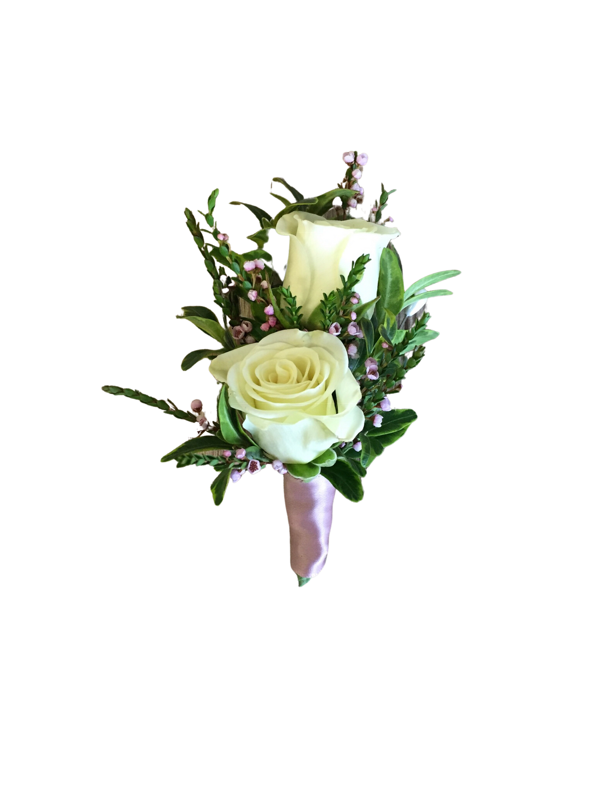 Boutonniere #5 2 Spray Rose Boutonniere - Two White Spray Rose Buds, greenery and filler wrapped in satin ribbon. Please specify ribbon color.  Greenery and filler vary based on season and availability.