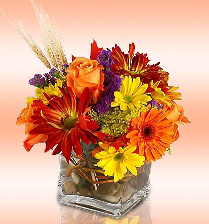 Festive Fall - A beautiful mixture of fresh cut flowers reminiscent of the feeling of the crisp fall air. A great way to say I am thinking of you, thank you, or even send wishes for a speedy recovery.   Arrangements Shown Reflects Deluxe Pricing.
