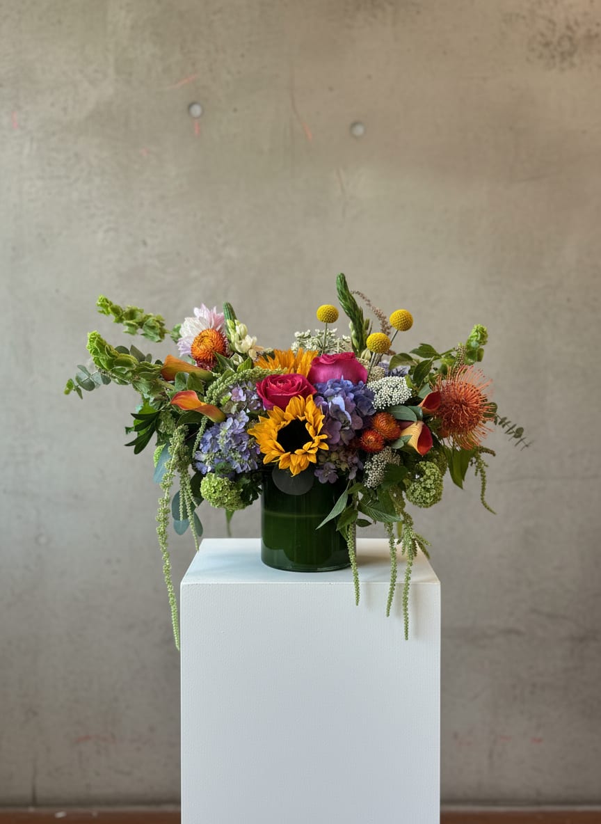 Farm Fresh - Bright, garden-fresh color greets the recipient with this Farm Fresh flower arrangement - an abundant mixed bouquet perfect for birthdays, Mother's Day, or a cheerful just-because surprise. Sunflowers and pink roses anchor the composition with sunny warmth while blue and purple hydrangea clusters, orange calla lilies, and textured protea and accent blooms weave lively contrasts that make someone feel truly celebrated. The overall effect is joyful and contemporary, ideal for saying thank you, congrats, or happy retirement.  Set in a dark green glass vase (also available with a white pedestal or clear glass on request), the design is intentionally loose and asymmetrical: varied stem heights, long trailing greenery, and layered textures create a garden-like silhouette that reads as both elegant and casually abundant. Expect a rich mix of hydrangeas, roses, sunflowers, calla lilies, bells of Ireland and other seasonal blooms in tones of orange, peach, yellow, pink, purple and fresh greens. Sized to make a statement on a table or desk, this arrangement is equally right for spring occasions, Easter gatherings, thinking-of-you deliveries, or a get-well pick-me-up - simple care is keep fresh water filled and trim stems if needed to extend its lively presence.