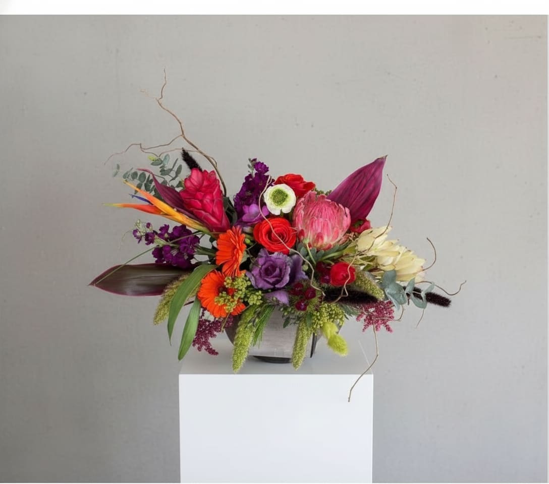 Diablo View Florist Original  - Bold, tropical and impossibly joyful-the original Diablo View Florist arrangement is a mixed-color flower arrangement perfect for Mother's Day, birthdays, anniversaries, or a just-because surprise. This lively centerpiece reads like a celebration in bloom: dramatic asymmetry, long decorative curly branches, and a stunning pink protea focal flower that commands attention while sending a clear message of love and admiration.  Packed low in a rustic ceramic container, the design layers red roses, orchids, gerbera daisies, tulip-like petals, chrysanthemums, dianthus and textured pods with cream-and-lime accent blooms for depth and contrast. Rich pinks, purples, oranges, reds and whites create a high-impact palette; unusual foliage and airy branching give movement and contemporary texture. The compact footprint and dense composition make it an ideal table display that still feels abundant and luxurious.  Send this when you want someone to feel genuinely celebrated-perfect for Thanksgiving or Christmas centerpieces, graduations, new baby congratulations, get-well brightening, or a romantic anniversary gesture. Arrives arranged in a ceramic container ready to display; to extend vase life, keep the arrangement in a cool spot away from direct sun and refresh water as needed.