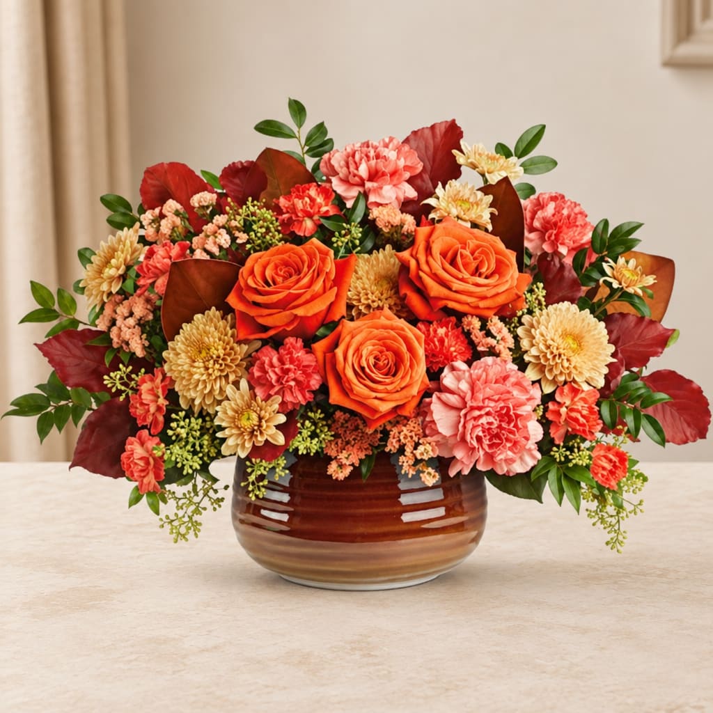 Orange roses and pink carnations in a brown ceramic vase