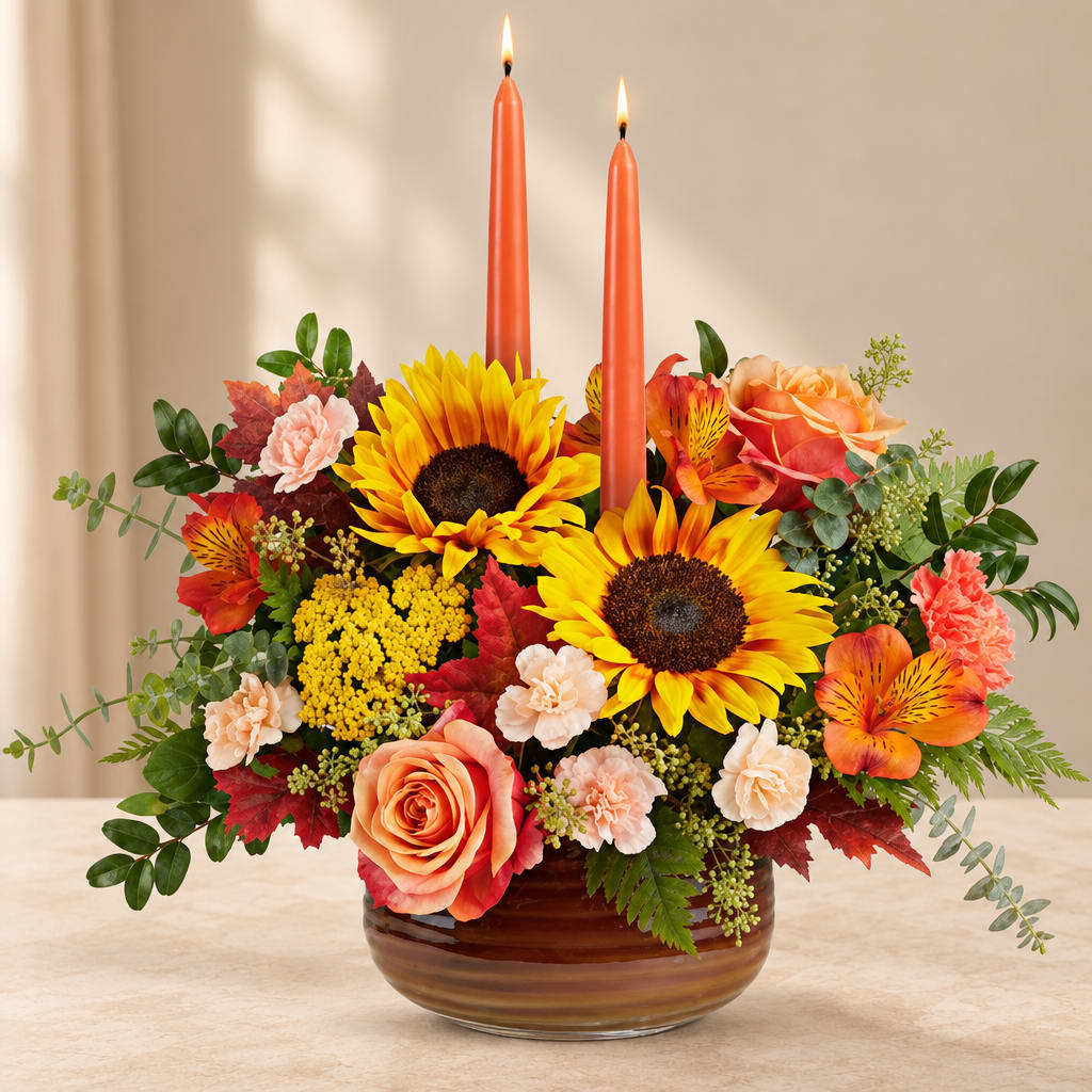 Sunflower and rose arrangement with two orange taper candles in a glass bowl