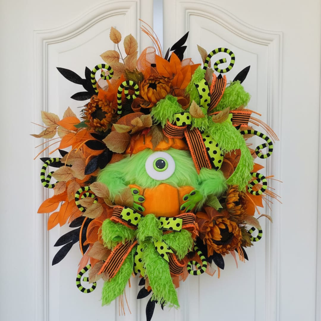 Halloween wreath with a green one-eyed monster face and orange accents