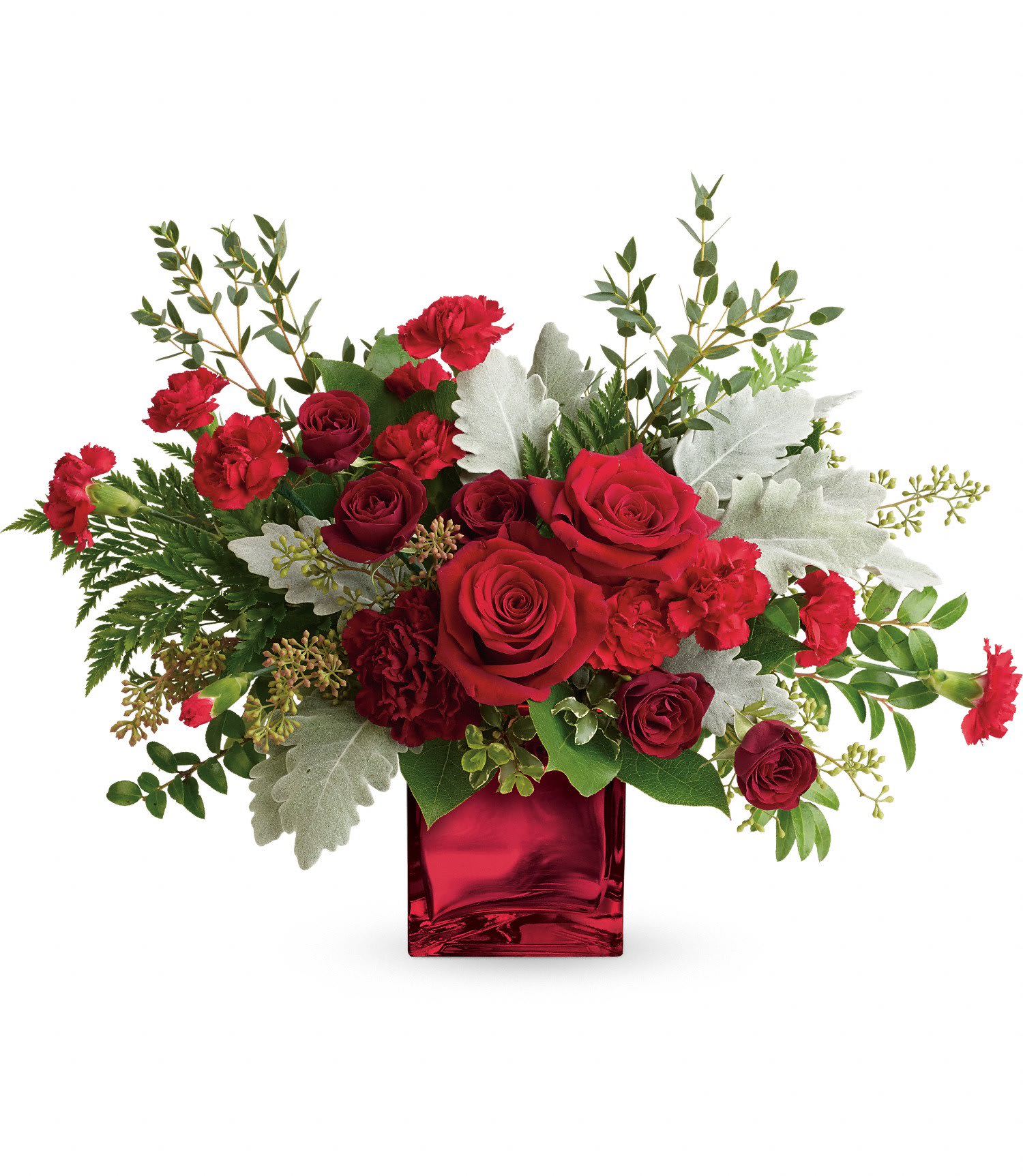 Rich In Love Bouquet - Unforgettable in every sense of the word! Make a dramatic impression with this ultrachic arrangement, featuring a modern organic shape, luxurious blooms, and a shimmering keepsake cube vase. 