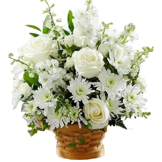 Gracious Sympathy Basket - A basket full of seasonal white blooms .