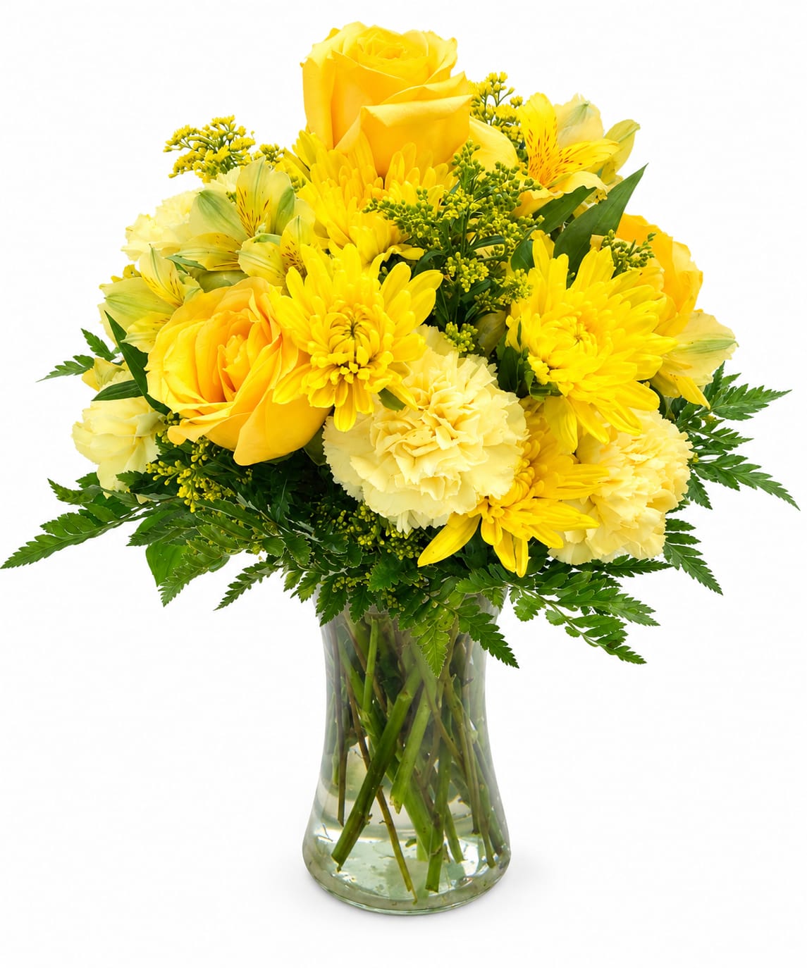Yellow roses and daisies arranged in a clear glass vase