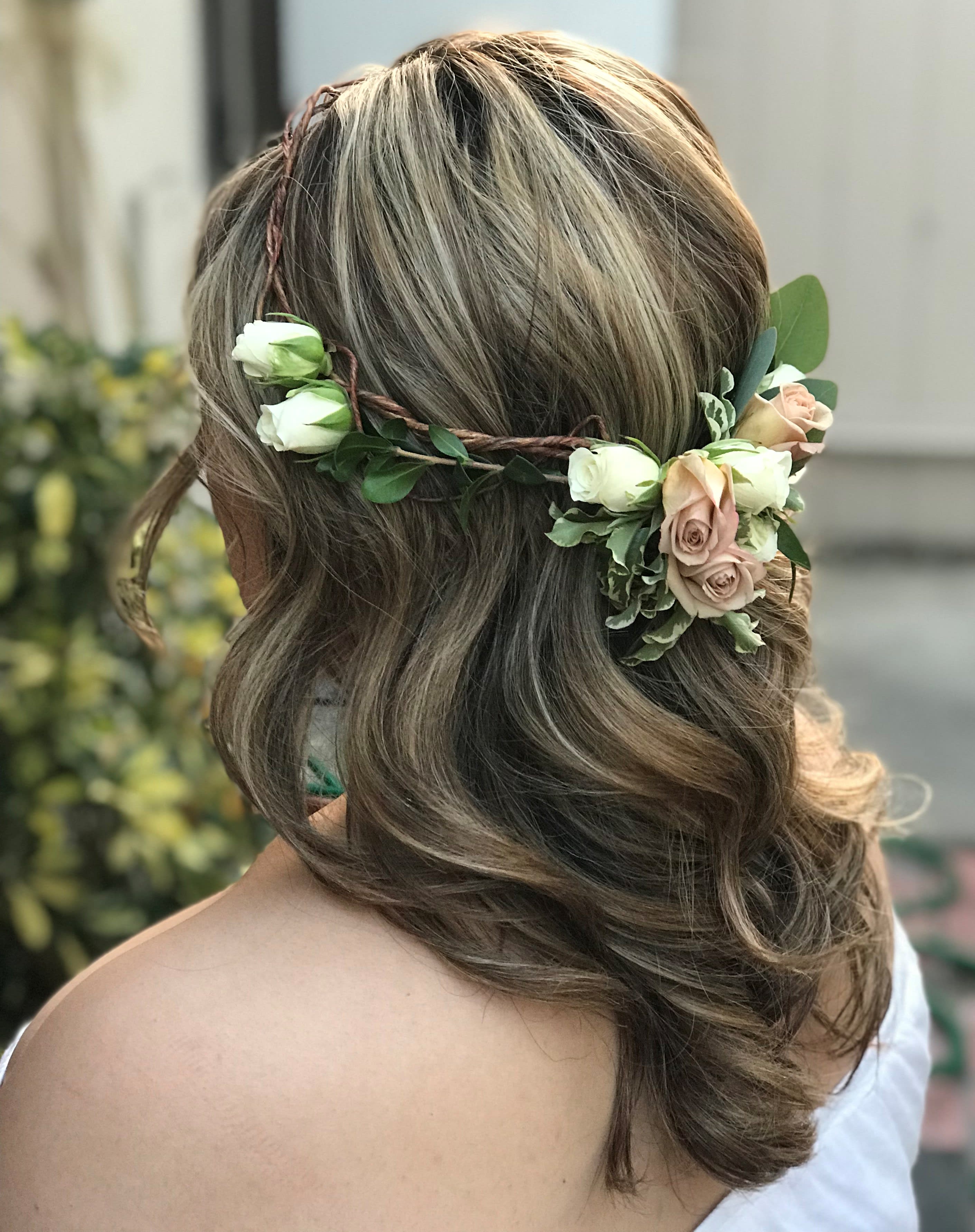 Floral hair wreath with white and blush roses on braided twine