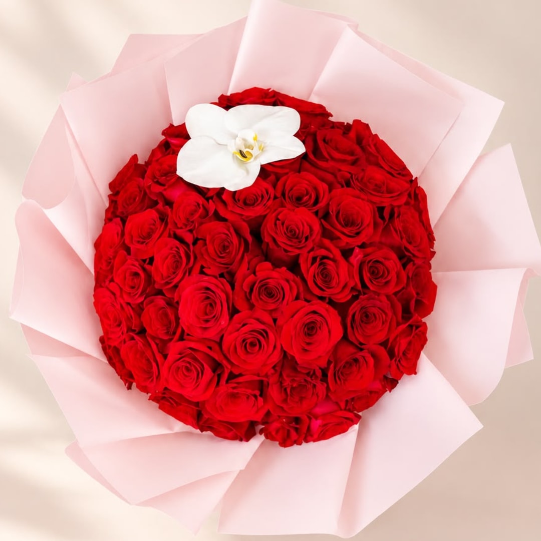 Round bouquet of red roses with a white orchid accent in pale pink wrap