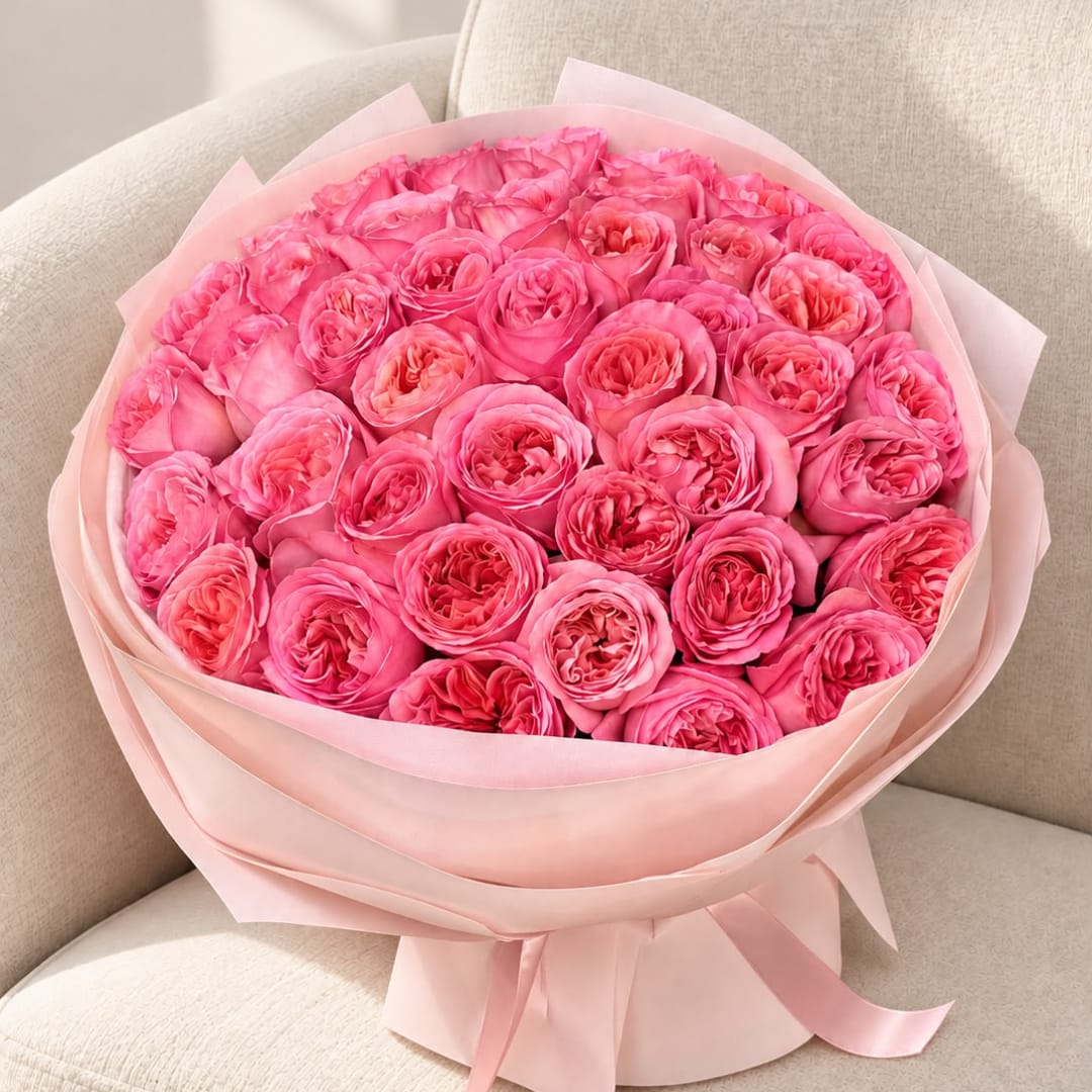 Bouquet of pink roses wrapped in pale pink paper