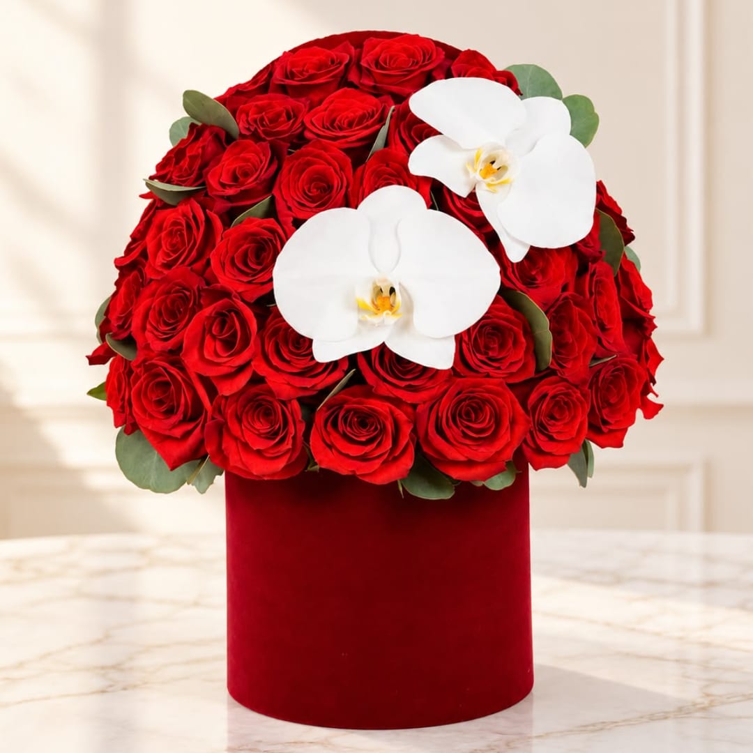Red roses and white orchids arranged in a red velvet box