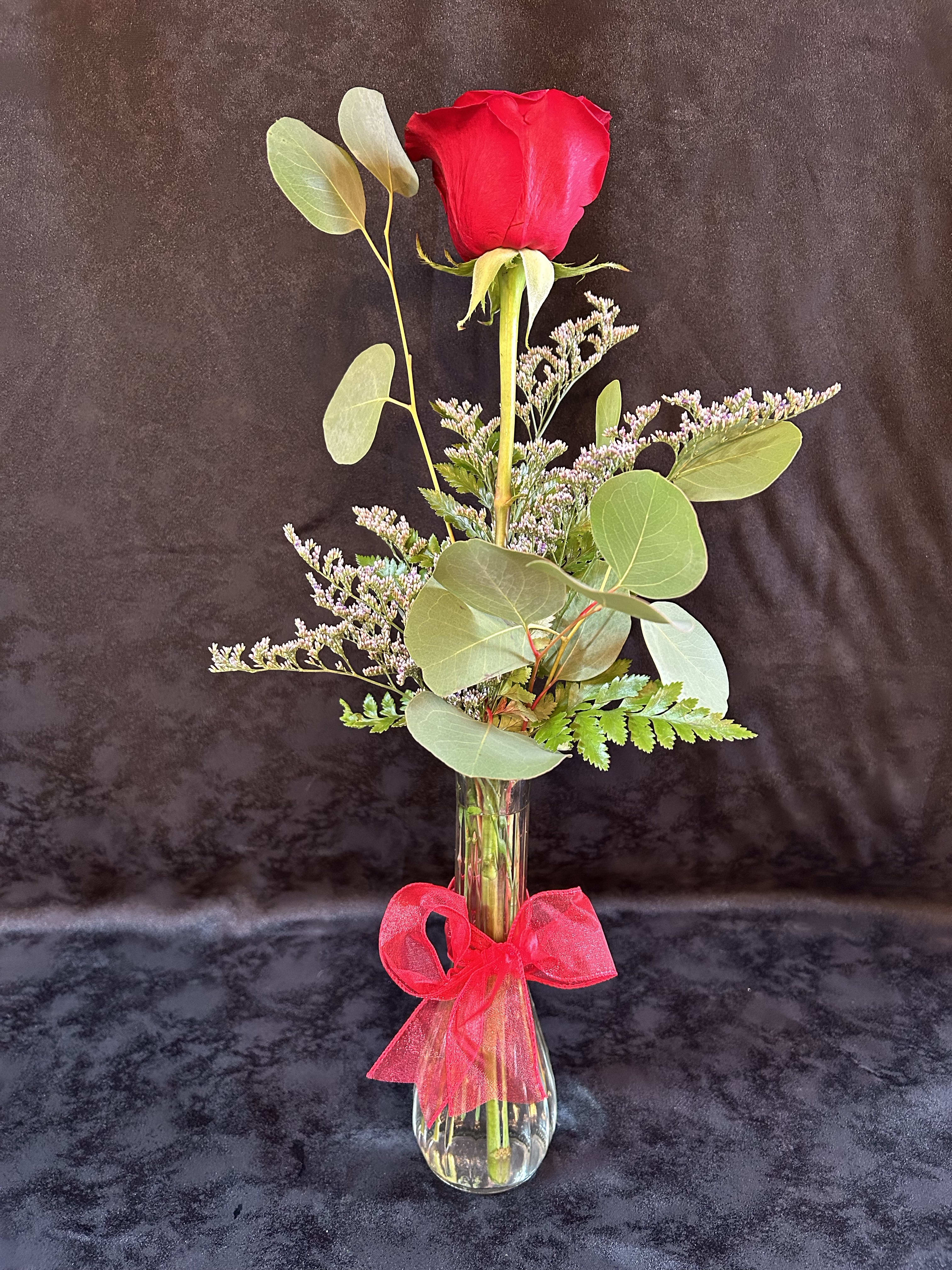 Single red rose in a clear vase with a pink ribbon