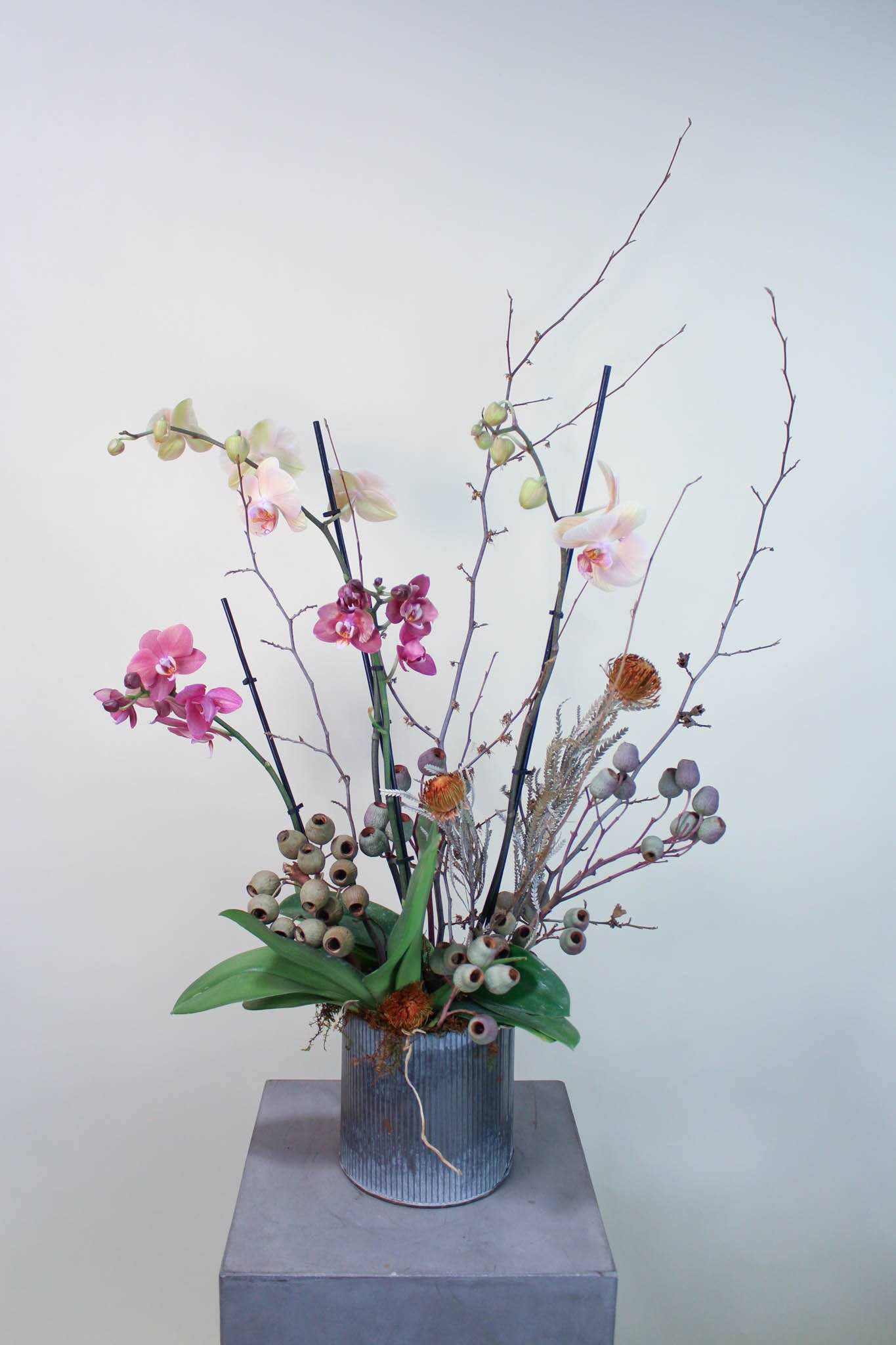 Tall orchid arrangement in a ribbed metal container with branches