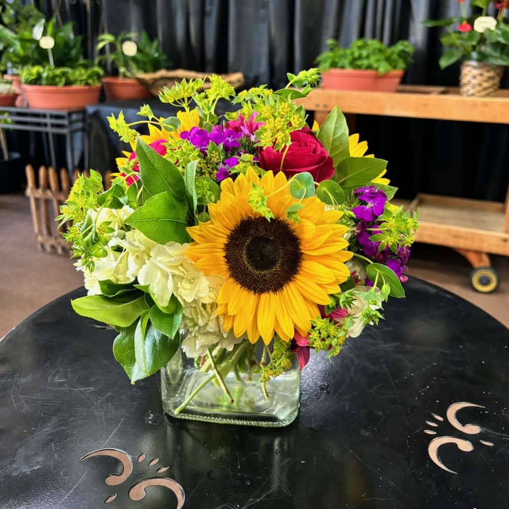 Sunflower and rose bouquet in a square glass vase