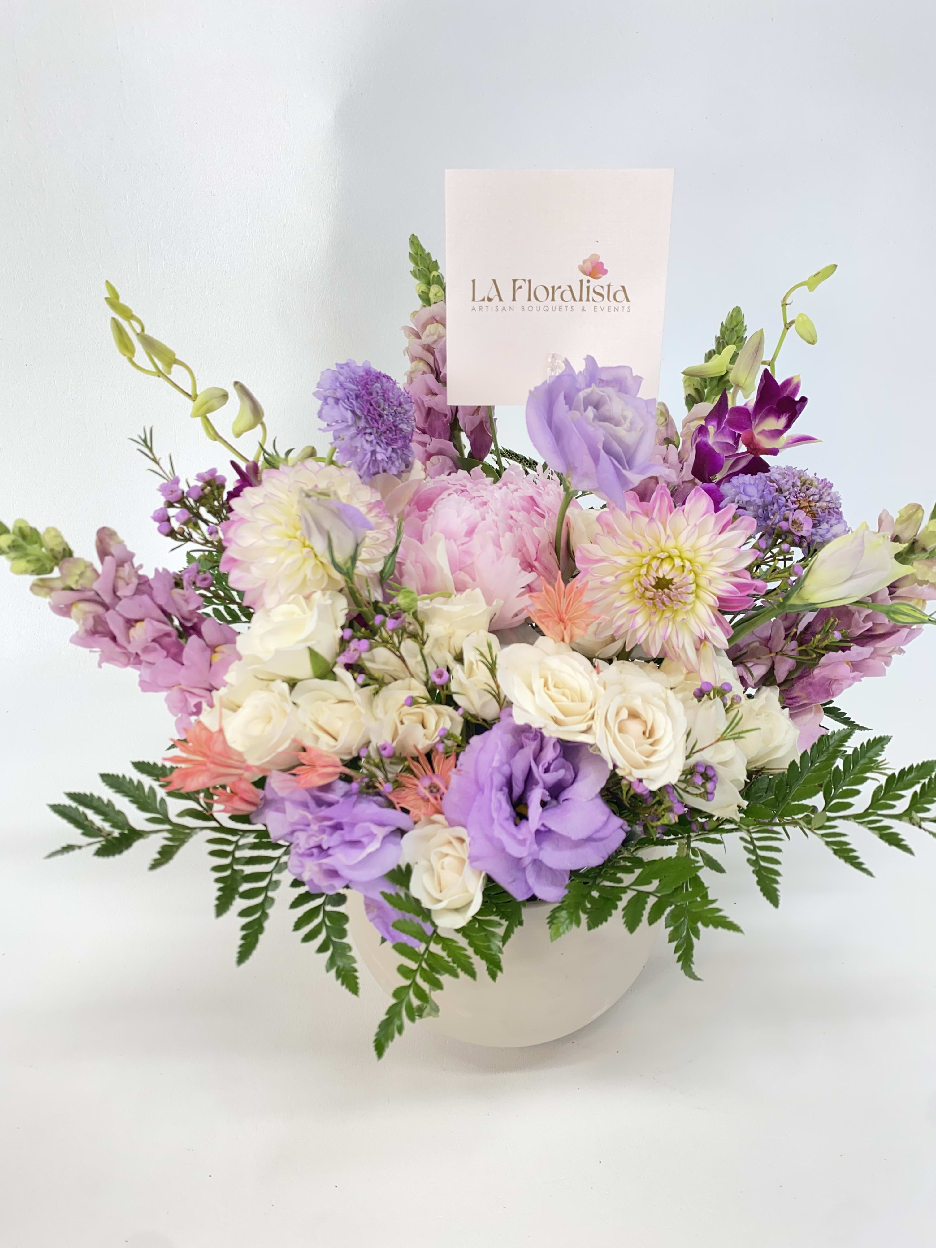 Touch of Lilac - Peonies, Dahlias, butterfly ranunculus, Hydrangeas and fillers. All in soft pastels colors.