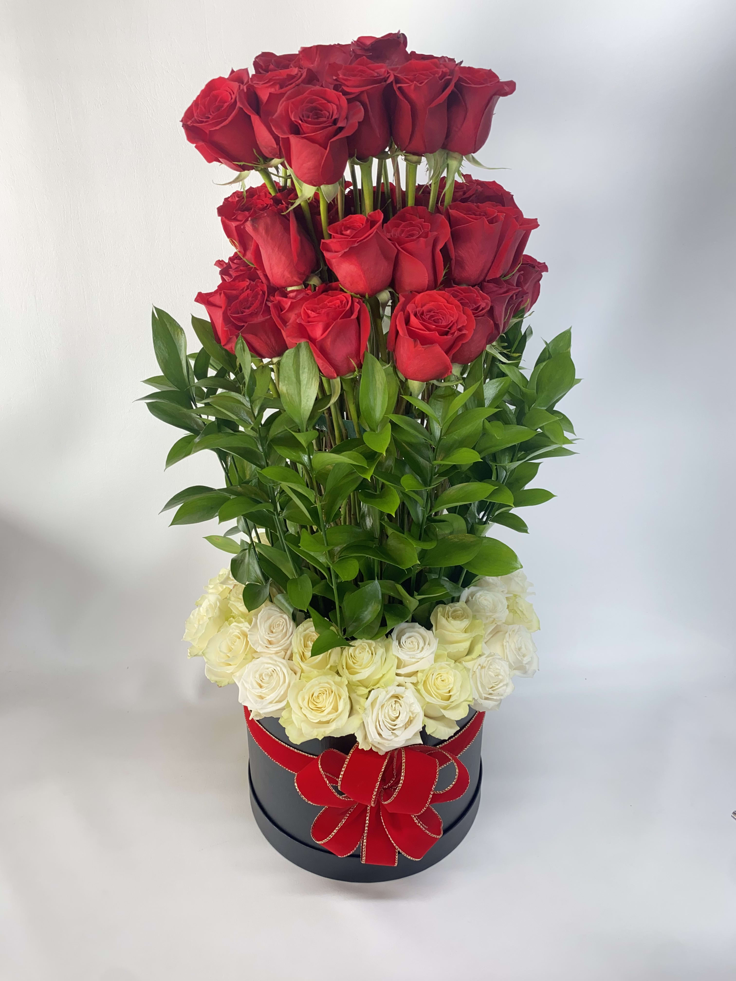 Tall arrangement of red and white roses in a black box with a red ribbon