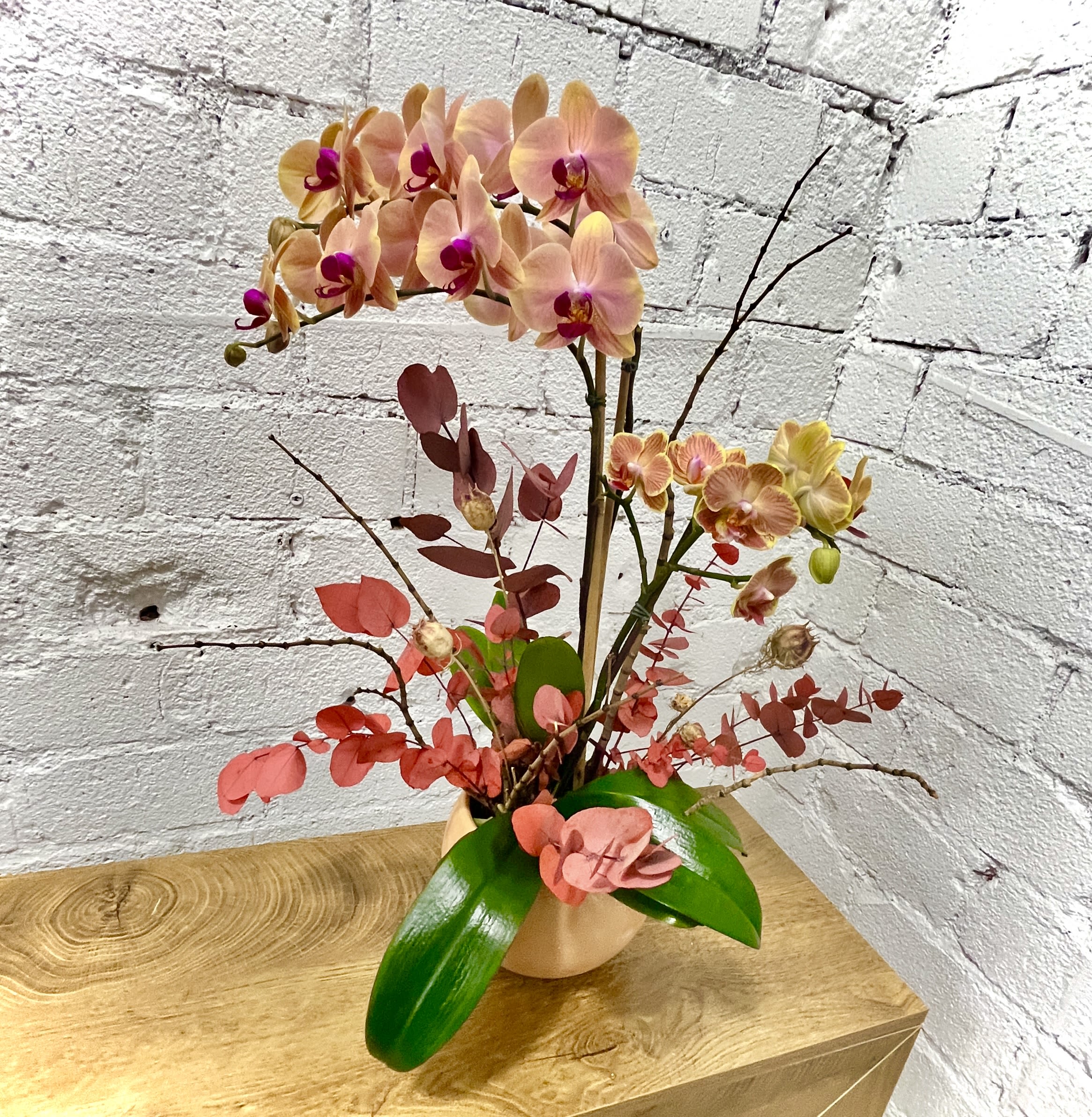 Pink and peach orchids arranged in a vase with red foliage