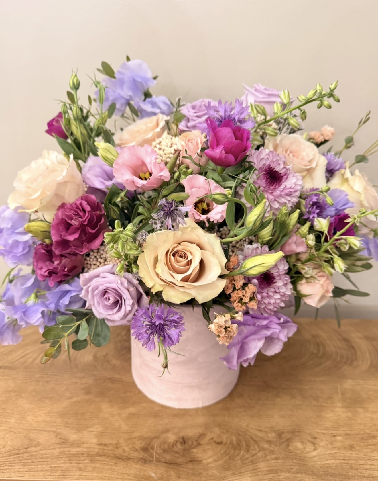 Soft Velvet - Soft blushy and springy floral arrangement in a velvet vase 