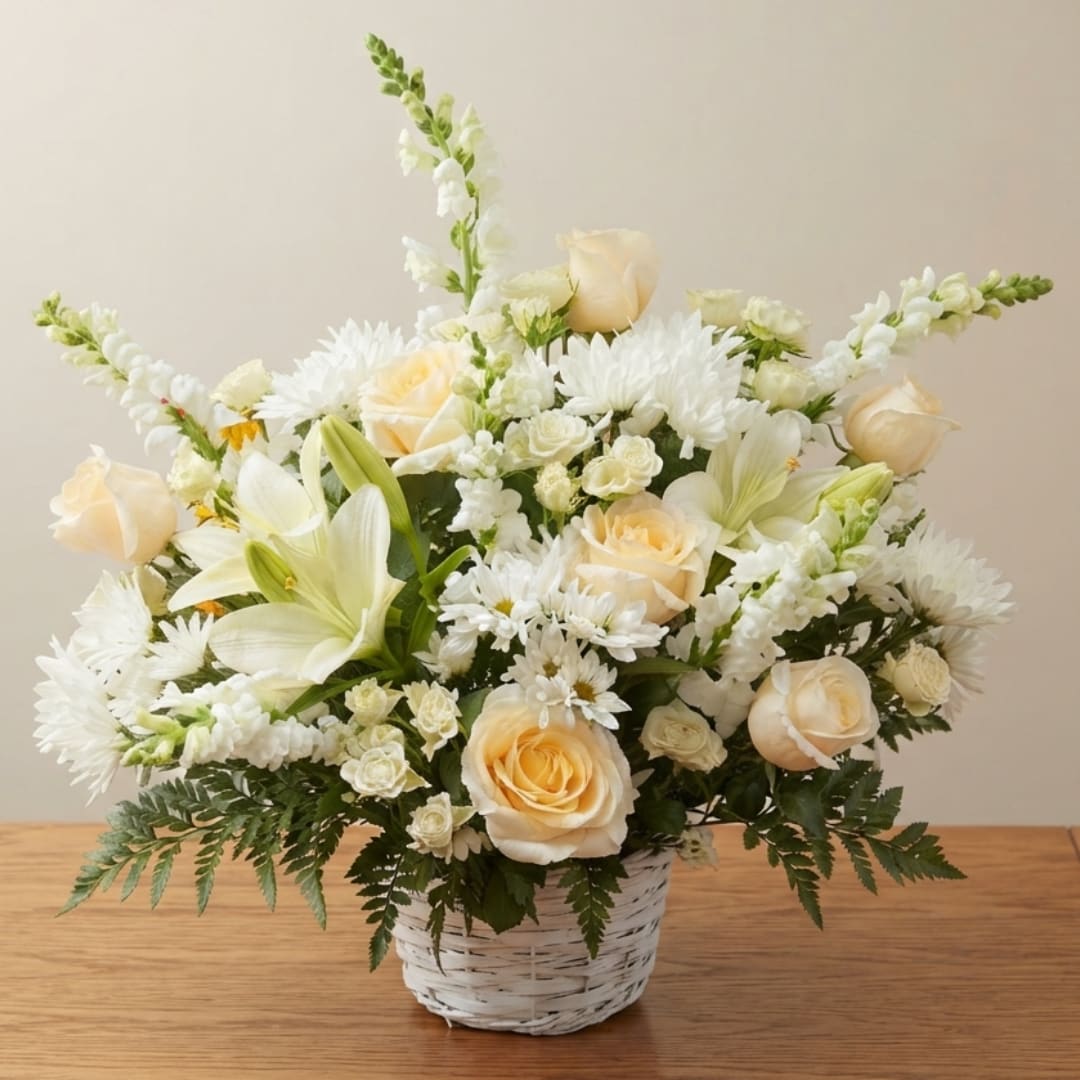 Cream roses and white lilies in a white basket vase