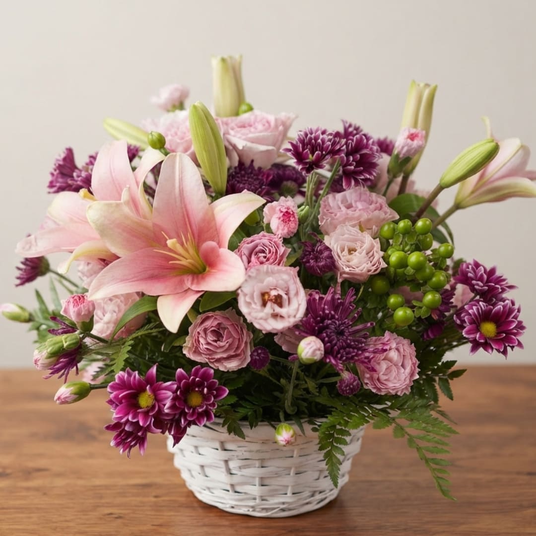 Pink lilies and purple flowers arranged in a white basket