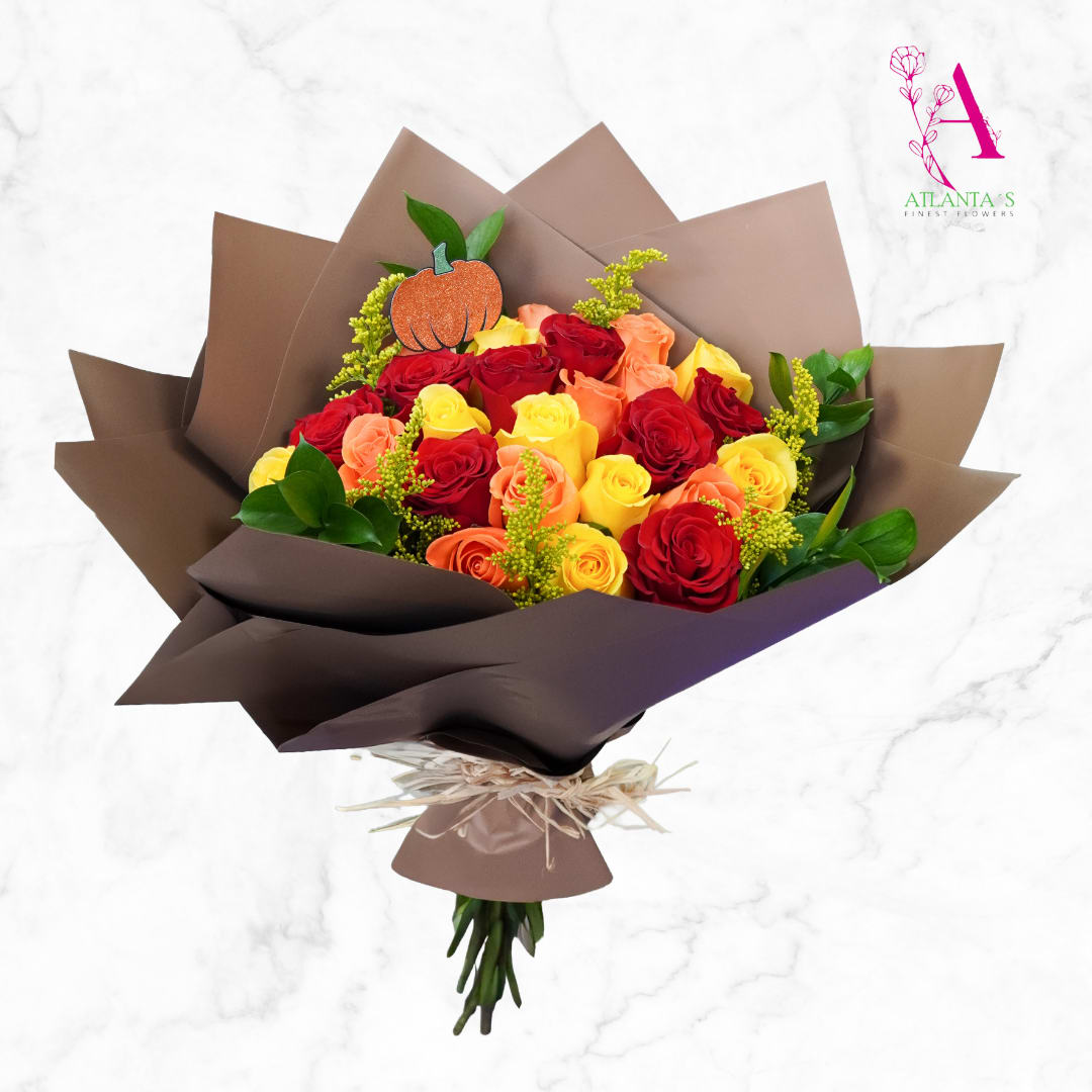 Bouquet of red, yellow, and peach roses wrapped in brown paper