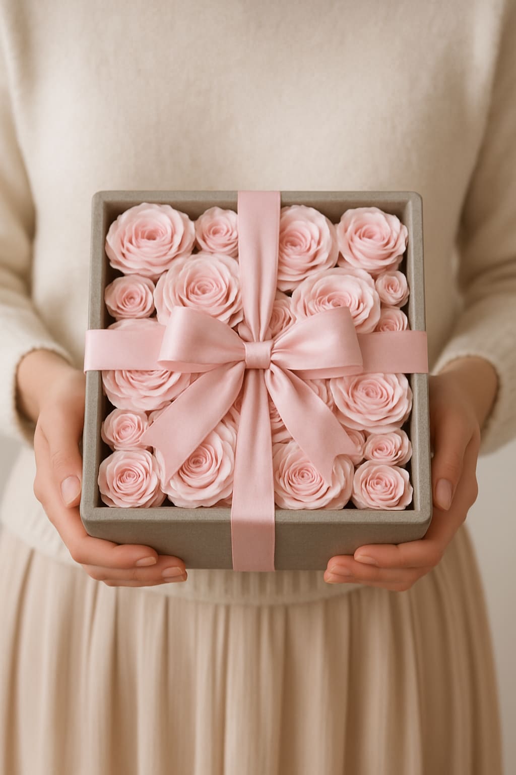 Blush Whisper - Soft and romantic ,delicate blush pink roses rest gracefully in our minimalist concrete container, tied with a satin ribbon for an extra touch of charm. Ideal for weddings, baby showers, or any moment that calls for subtle elegance.