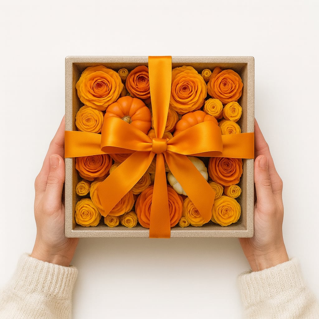 Golden Autumn  - A warm embrace of golden- orange roses accented with petite pumpkins captures the cozy essence of fall. Presented in our modern concrete container and tied with an orange satin ribbon ,its the perfect seasonal centerpiece or thoughtful harvest gift.