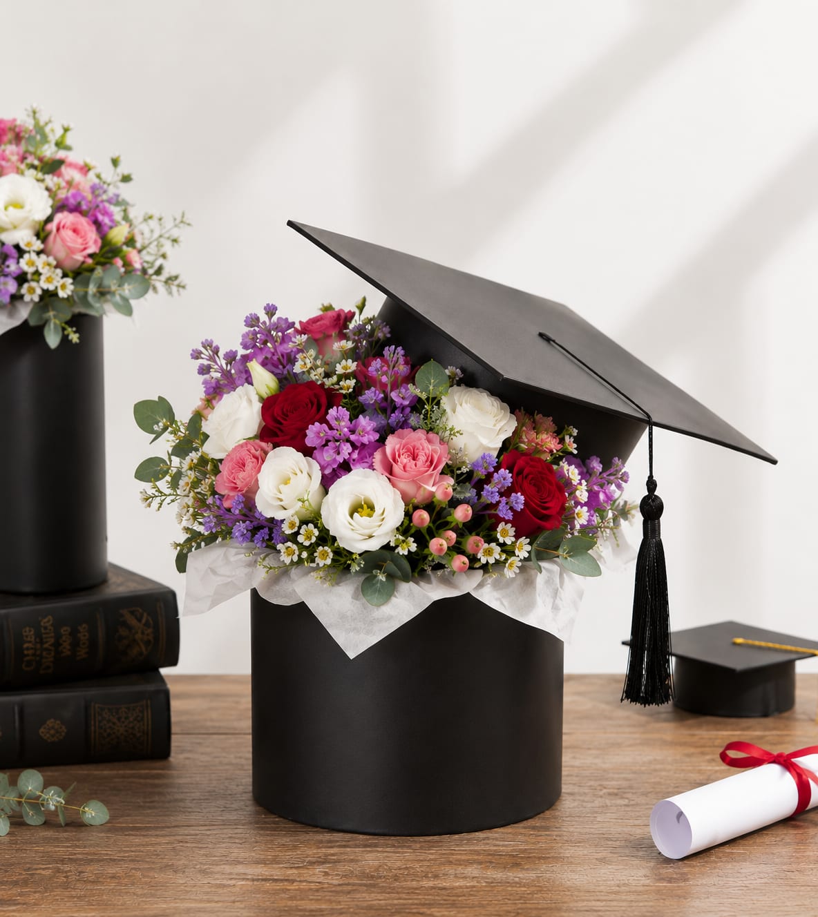 Future in Bloom  - A modern graduation arrangement designed to celebrate dreams, accomplishments, and exciting new beginnings. Featuring lush roses, delicate lisianthus ,   whimsical seasonal blooms, and airy greenery arranged inside an elegant graduation cap box, this piece feels joyful, stylish, and full of possibility -the perfect gift for a memorable milestone.