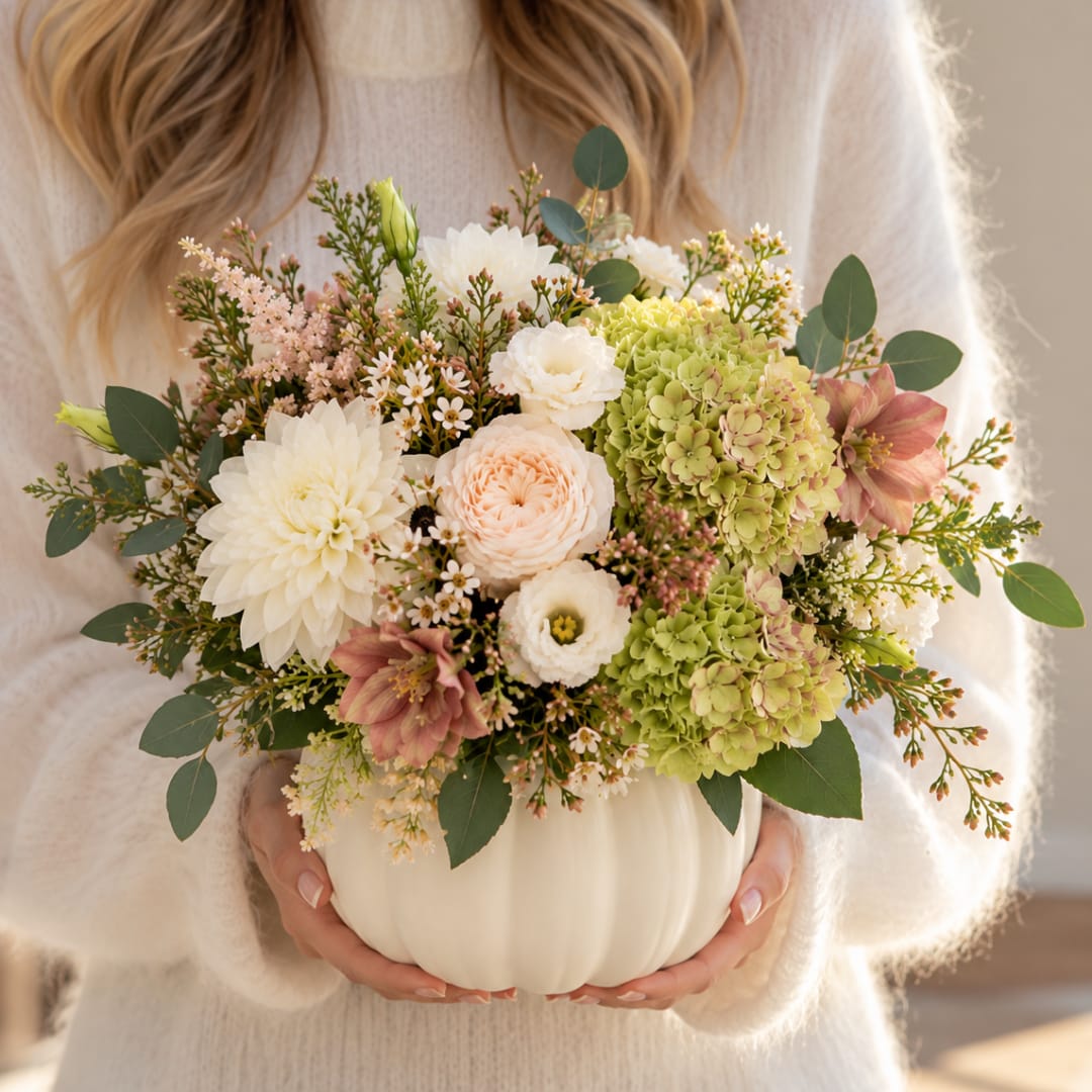 Mixed bouquet in a white pumpkin vase with cream, blush, and green blooms