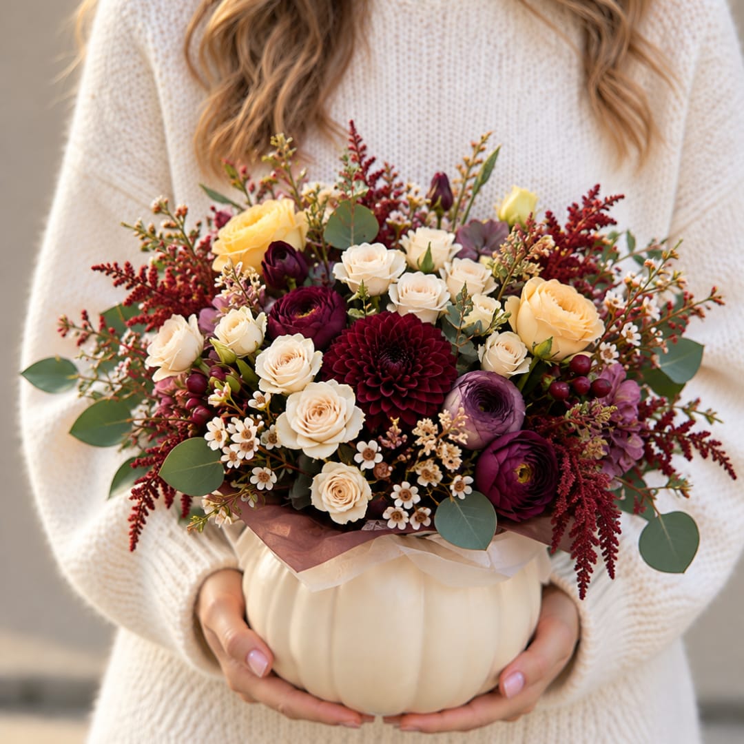 Woman holding a pumpkin vase filled with roses and dahlias