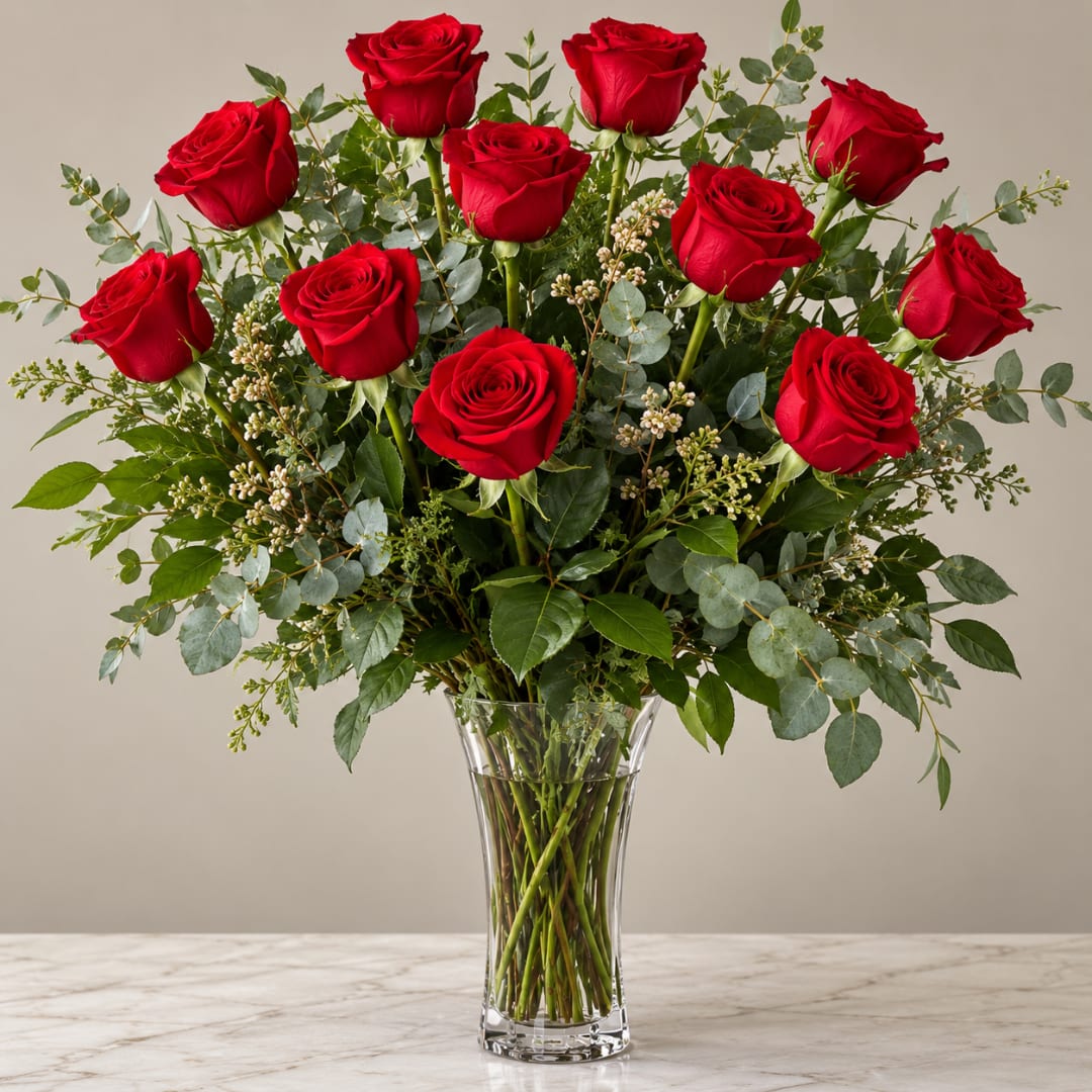 Red roses arranged in a clear glass vase with mixed greenery