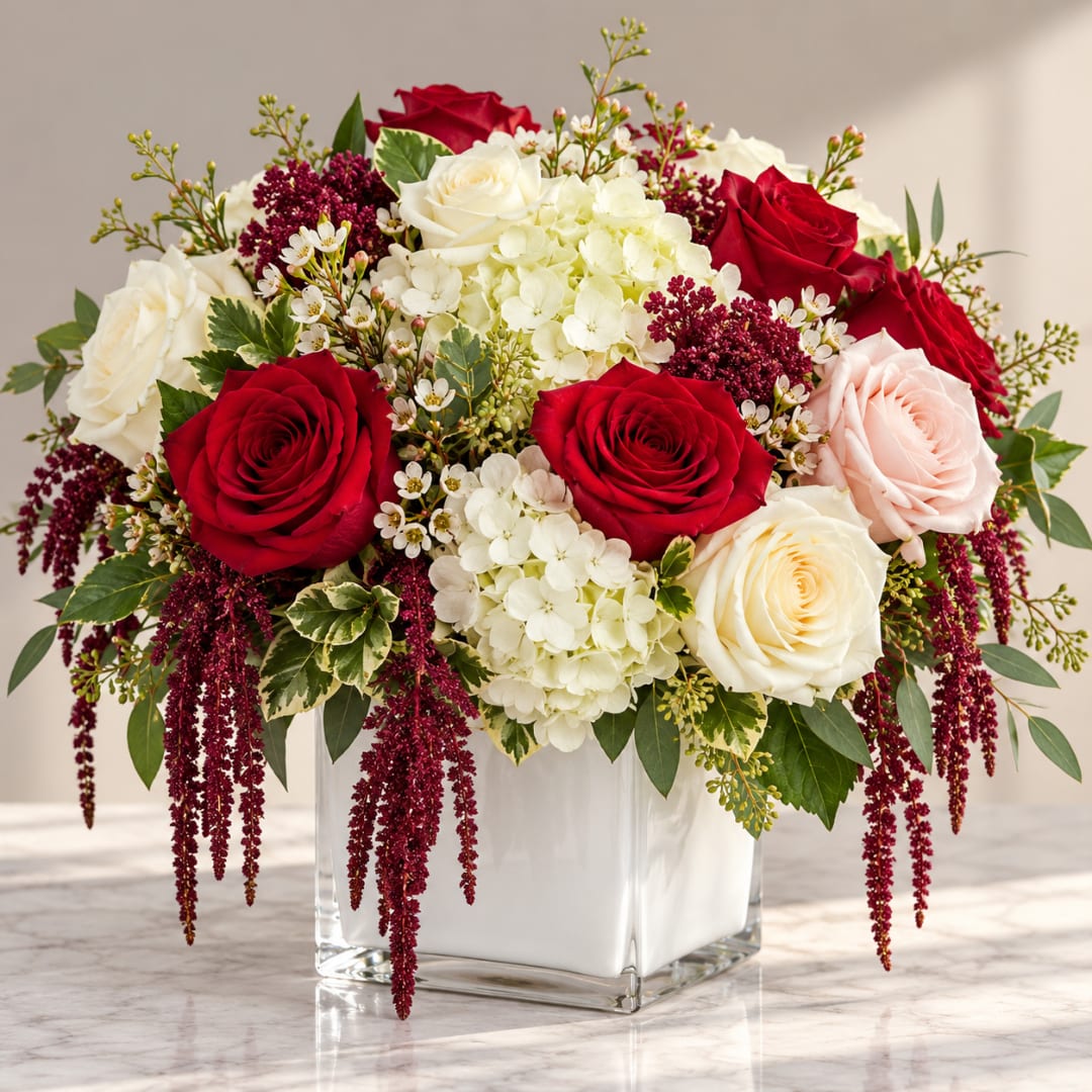 Red and white rose arrangement in a square glass vase