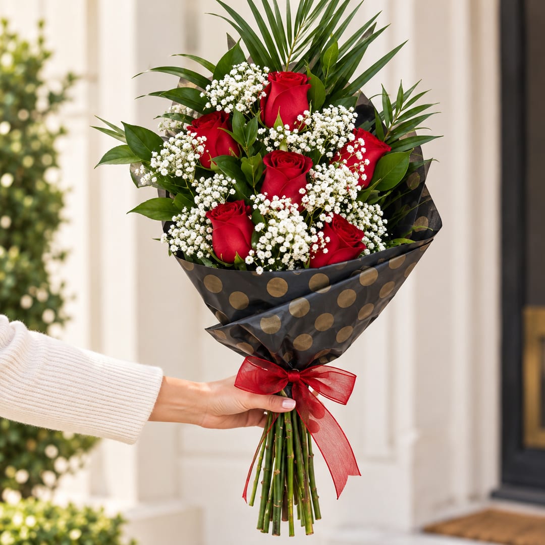 Handheld bouquet of red roses and white baby's breath wrapped in black polka-dot paper