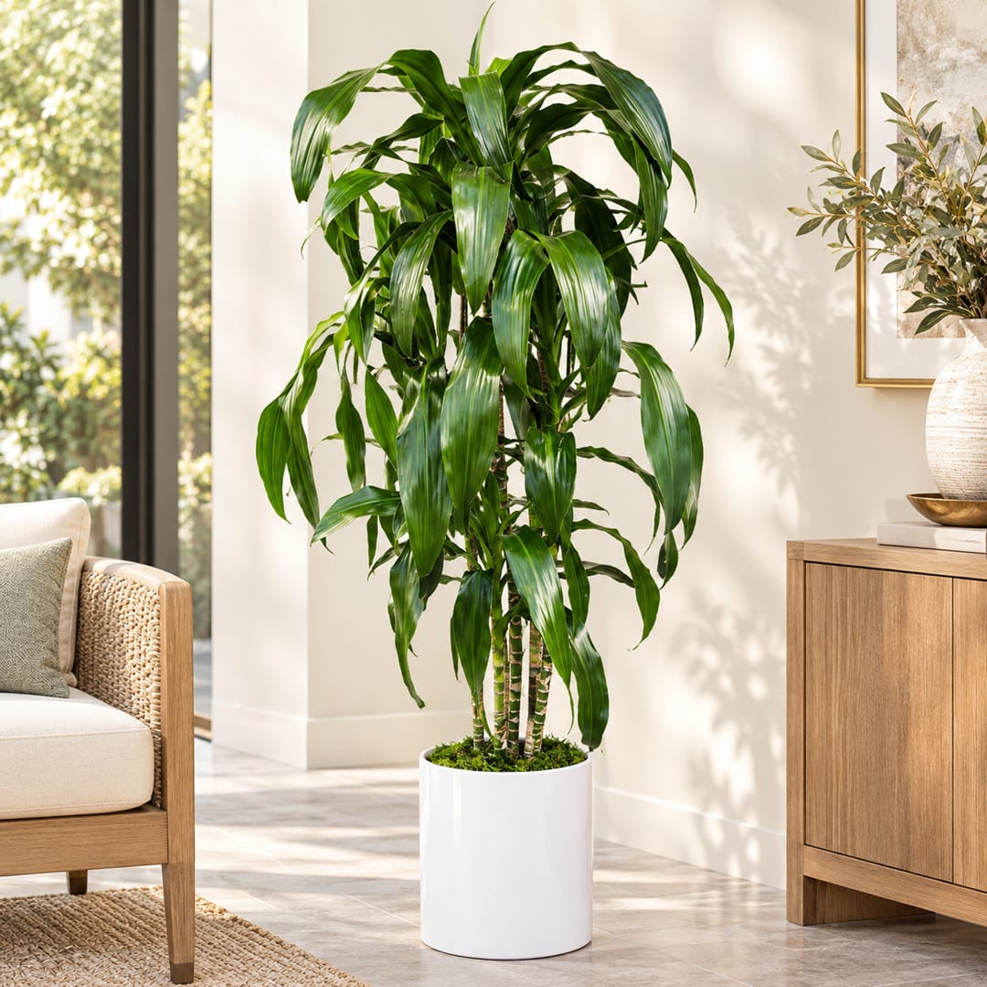 Tall potted green houseplant in a white planter