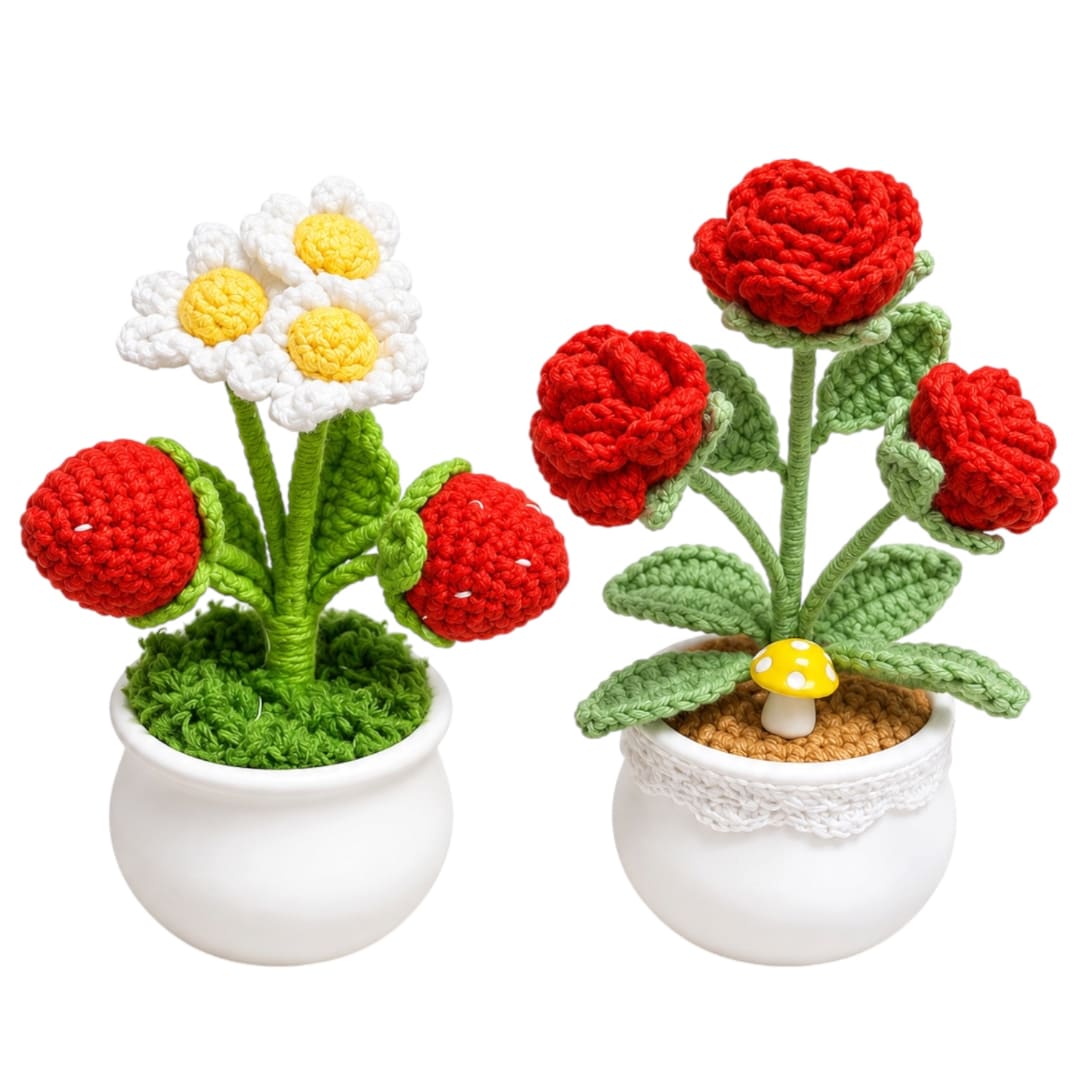 Two crocheted potted flower arrangements with red and white blossoms