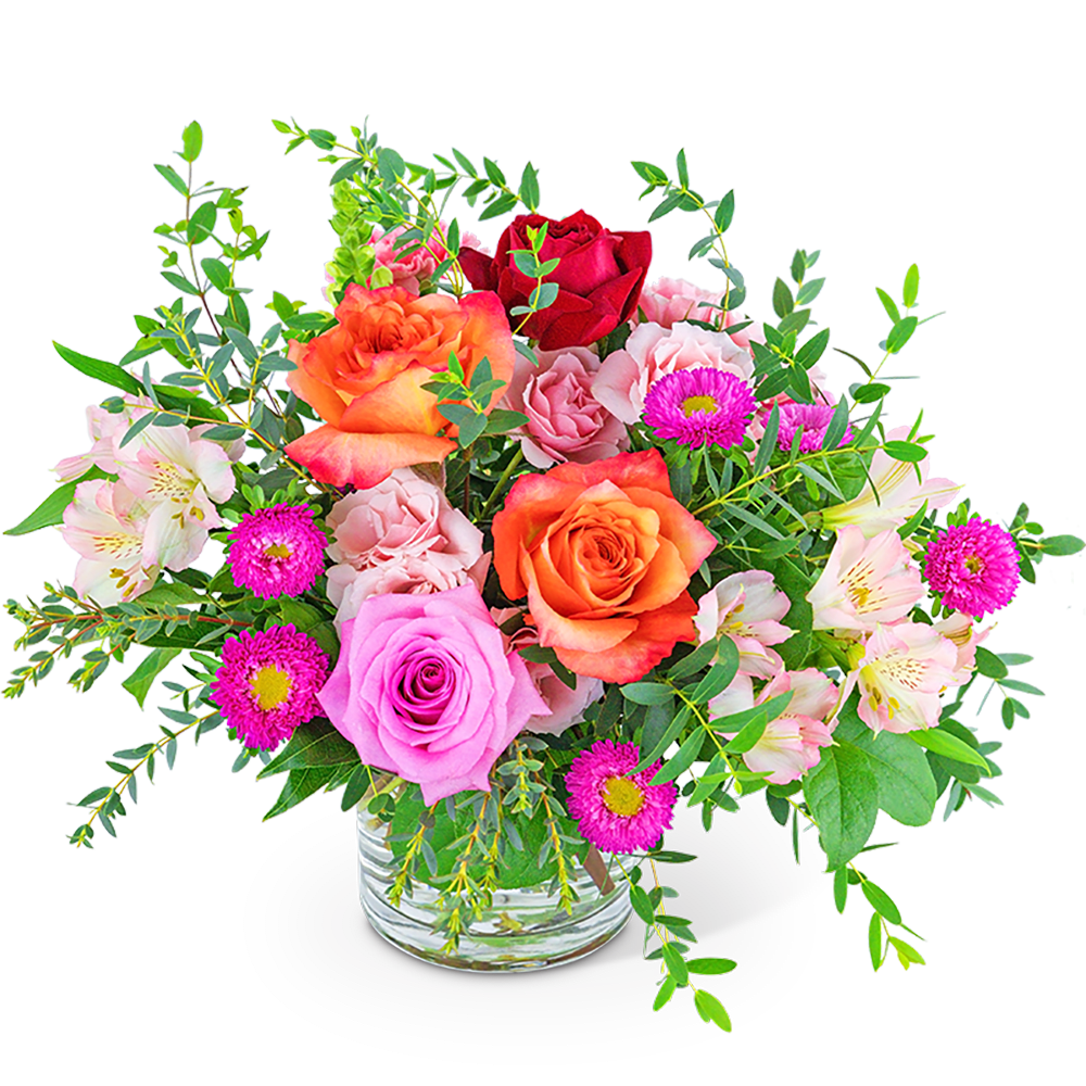 Poetic Rose - Bringing smiles with local flower delivery is our specialty! Poetic Rose is a beautiful bouquet that features a variety of roses, Carnations, Snapdragon, Alstroemeria, Matsumoto Asters, and other premium foliage. This bright design would look beautiful as flowers for the table, the perfect birthday gift, or as a Mother's Day gift. 