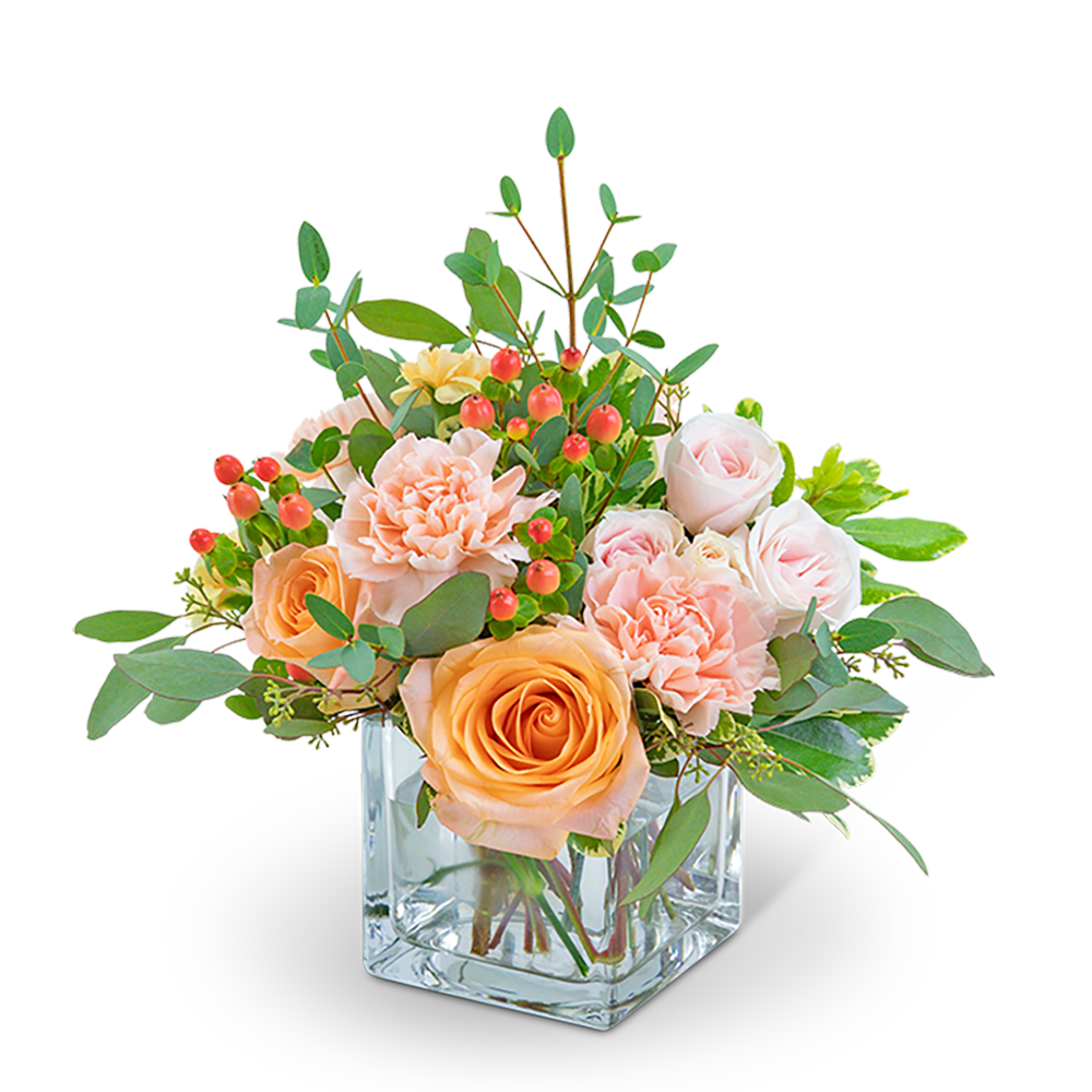 Peach and blush roses with carnations in a clear square vase