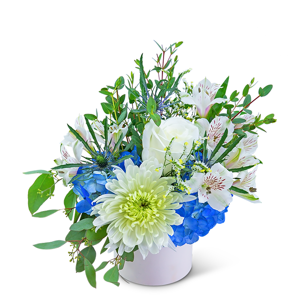 White and blue floral arrangement in a white container
